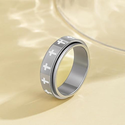 Fidget Anxiety Spinner Rings for Women | 14K Gold Silver Plated, 8mm Thick Stainless Steel Band Ring, Statement Cross Flower Spinning Rings, Jewelry Gifts, Size 6-10 - color: Silver-Cross