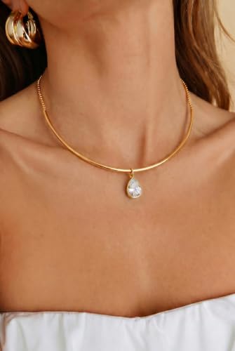 14K Gold Plated Collar Choker Necklace for Women Charm Jewelry | Trendy Dainty Statement Fashion Cubic Zirconia Pendant Necklace - color: 91A