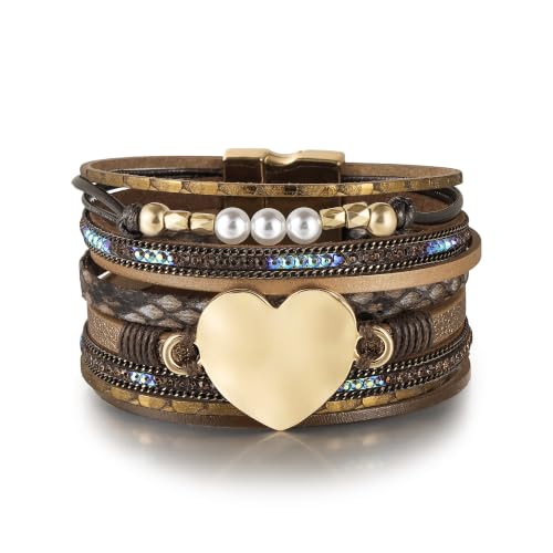 Edoneery Leather Wrap Bracelets for Women, Boho Layered Cuff Bangle | Multi-layer Leather Cuff, Daily wear, Stackable Bangle, Easy on-off, Western Jewelry Gifts for Women - color: Brown-1