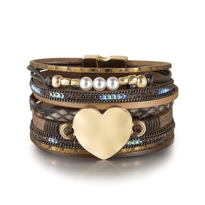 Edoneery Leather Wrap Bracelets for Women, Boho Layered Cuff Bangle | Multi-layer Leather Cuff, Daily wear, Stackable Bangle, Easy on-off, Western Jewelry Gifts for Women - color: Brown-1