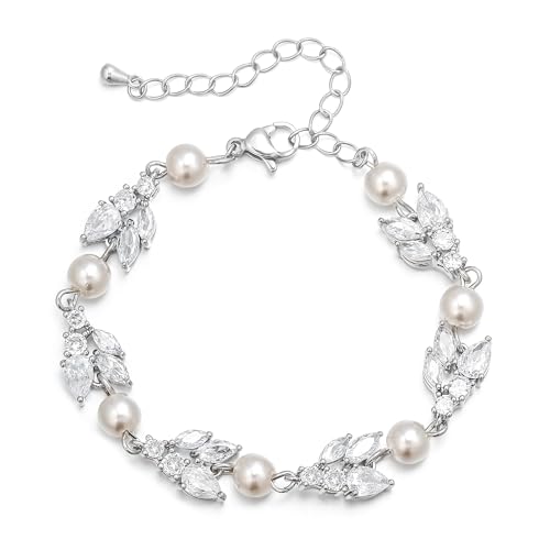 EVER FAITH Gorgeous Cubic Zirconia Pearl Wedding Link Bracelet for Bride | Marquise Teardrop Crystal Bridal Prom Jewelry, for Women Bridesmaids - style: Cluster_Clear Silver-Tone