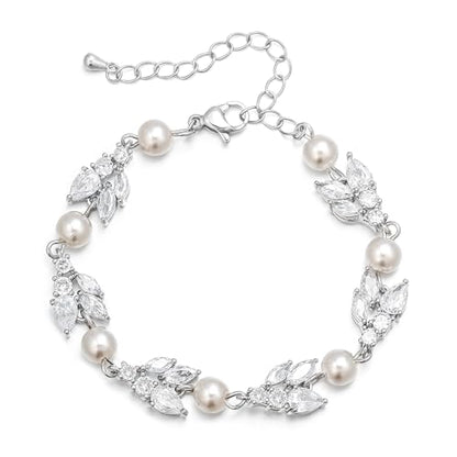 EVER FAITH Gorgeous Cubic Zirconia Pearl Wedding Link Bracelet for Bride | Marquise Teardrop Crystal Bridal Prom Jewelry, for Women Bridesmaids - style: Cluster_Clear Silver-Tone