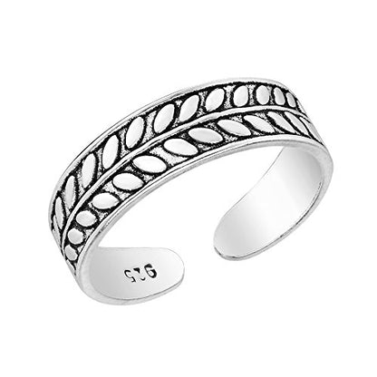 AeraVida .925 Sterling Silver Adjustable Toe Ring or Pinky Ring 5mm Wide Open Band, Stackable Minimalist Summer Foot Jewelry | Sun Moon Star Turtle Butterfly Leaf Olive Branch Ocean Wave Yin Yang Design - style: Olive Branch