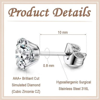 12 Pairs Stud Earrings Set, Hypoallergenic Surgical Stainless Steel 316L Earring for Women Men, Small Earring Studs Pack with Cubic Zirconia - color: Silver-2mm x 4 Pairs + 3mm x 4 Pairs+4mm x 4 Pairs