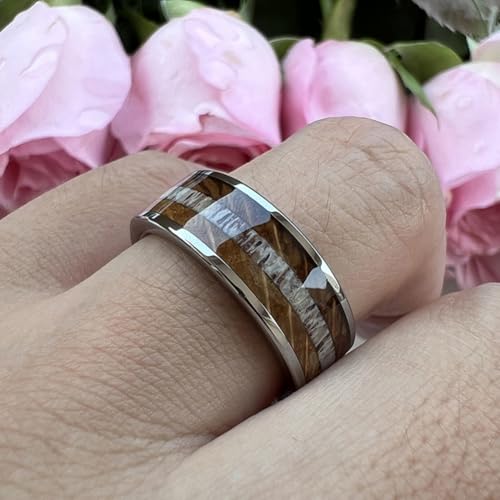 TUTISS 8mm Silver Black Tungsten Rings for Men Women Wedding Bands Whisky Barrel Wood Deer Antler Inlay Flat Polished Shiny Comfort Fit - color: 8mm Tungsten