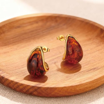 Tear Drop Earrings for Women,Crystal Stud Earrings With Gold and Amber color, Elegant Everyday and Wedding Jewelry Gift for Her