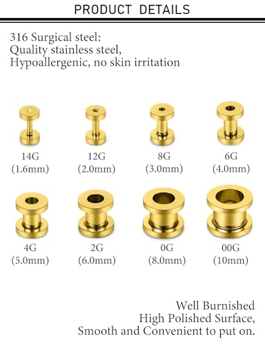 14G-00G Hollow Gauges Tunnels Stretching Kit 316L Surgical Steel Ear Gauges Plugs Earring Lobe flesh Tunnel Gauge Stretcher Silver Black Gold Color Tone - color: Gold:14G-00G