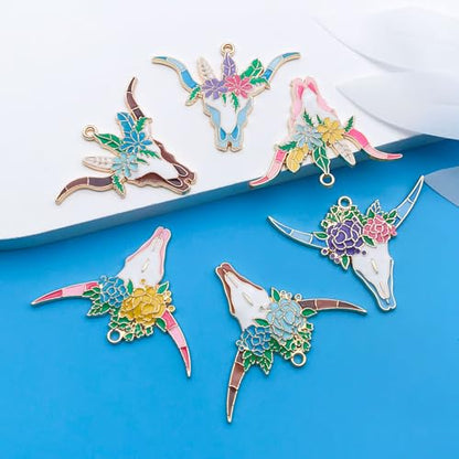 Youdiyla 12pcs Alloy enamel Halloween series cow head bone flower set Pendant Jewelry Making DIY Keychain Earrings Pendant Various Design Charms for Jewelry Making Bracelets Necklace (SN1001) - color: SN1001