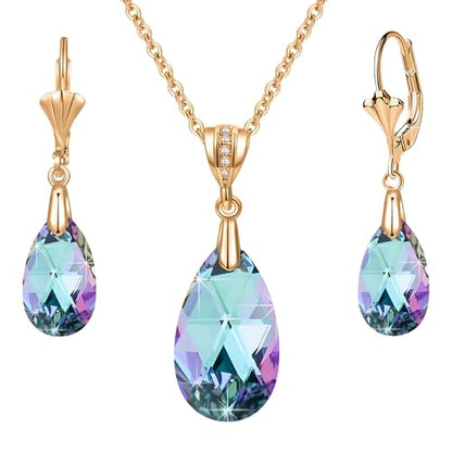 Austrian Crystals Teardrop Pendant Necklace Earrings for Women 14K Gold Plated Hypoallergenic Leverback Drop Dangle Earrings Jewelry Set - color: Vitrail Light