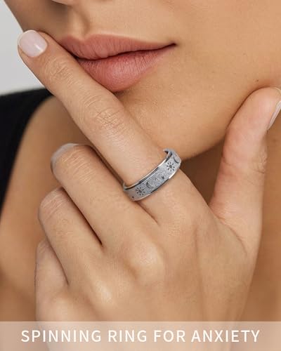 Fidget Toys Adults Anxiety Ring Women Men Stress Relief Band Spinner Sun | Celestial Sun Moon Star Stainless Steel Band Hollowed Sandblasted Surface 6mm Width18K Gold Silver Size 6-10 Unisex - color: Silver, size: Size 6