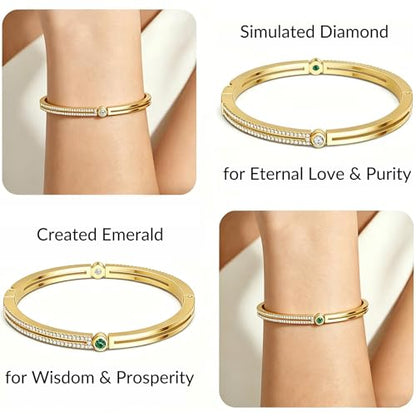AuraLyric Gold Bracelets for Women, 14K Gold Plated Nail/Love/Emerald Green/Teardrop/Round White CZ Bangle Bracelets, Stackable Gold Bangles Non Tarnish, Gifts for Wife Mom Daughter 6.5 Inch - color: Green & White CZ - Round