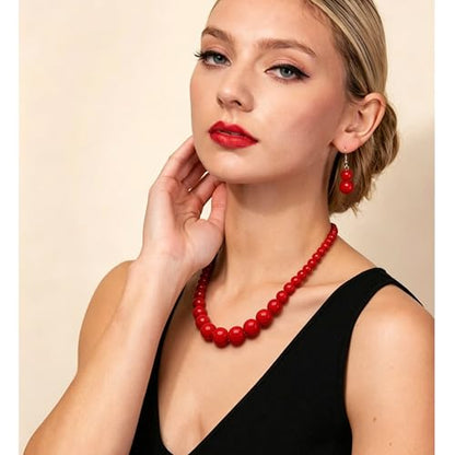 Cryshimmer Pearl Choker Necklace for Women Faux Pearl Beads Strand Necklace Earring Set Costume Jewelry,Gift for Wife Mother - color: Red-1