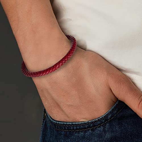 COOLSTEELANDBEYOND Minimalist Mens Women Leather Bracelet, Thin Braided Leather Bangle, Steel Oval Magnetic Clasp - color: A-Color: Red
