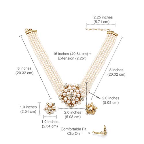 Fashion 21 5 Rows Rhinestone Accented Simulated Floral Pearl Cluster Necklace, Clip on Earring 2 Set - color: Cream