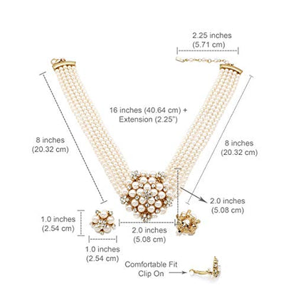 Fashion 21 5 Rows Rhinestone Accented Simulated Floral Pearl Cluster Necklace, Clip on Earring 2 Set - color: Cream