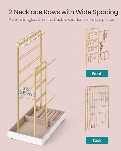 SONGMICS Necklace Holder, Jewelry Stand Holder Organizer, Jewelry Display with Metal Frame, Velvet Tray, Earring Bracelet Holder, for Gift Idea, 5.5 x 9.4 x 14.1 inch, Pale Gold UJJS028A01 | Necklace Earring Bracelet Holder, for Studs, Rings, Gift Idea, P