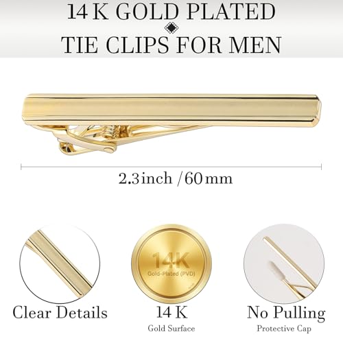 HAWSON Light Gold Silver Tie Clips for Mens Necktie, Elegant Satin Tie Bars Pins Tacks, Suit Tie Accessories Business Wedding Gifts - style: Light Gold Classic 1 (Concave Middle)