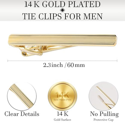 HAWSON Light Gold Silver Tie Clips for Mens Necktie, Elegant Satin Tie Bars Pins Tacks, Suit Tie Accessories Business Wedding Gifts - style: Light Gold Classic 1 (Concave Middle)