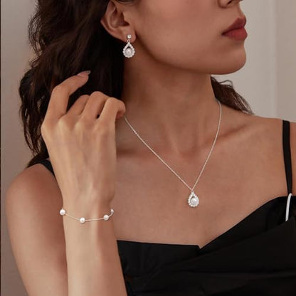Jewelry Sets for Women,Dainty 14k Gold Plated Pearl Earrings Necklace Bracelet Fashion Silver Bridal Jewelry accessories SimpleWedding Jewelry Sets for Brides - color: silver