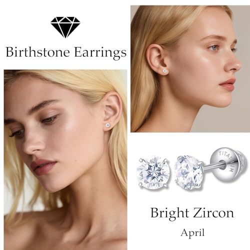 Limerencia Birthstone Screw Back Earrings G23 Implant Grade Titanium Stud Earrings Hypoallergenic Cubic Zirconia Posts Studs Jewelry Gifts for Girls Sensitive Ears - color: April