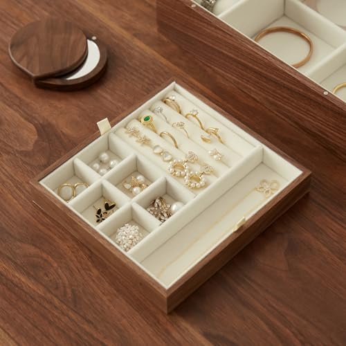 Black Walnut Wood Jewelry Box, No Lock | Velvet Lining, Personalized Ring and Necklace Box, For Women and Girls, Brass Handle - style: Vintage