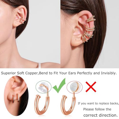 PLOMFOV Clip On Hoop Earrings for Women 14K Gold Plated Non Pierced Earrings Clip On Hoops Small No Piercing Fake Hoop Earrings 14mm - color: Rose Gold