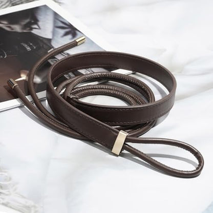 Women's Knotted Thin Waist Belt PU Leather Skinny Belts for Dresses Pants - color: Coffee