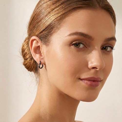 Reffeer Solid 925 Sterling Silver Heart Earrings Hoop Minimalist Sleeper Huggie Earrings For Women - color: D-VBlack