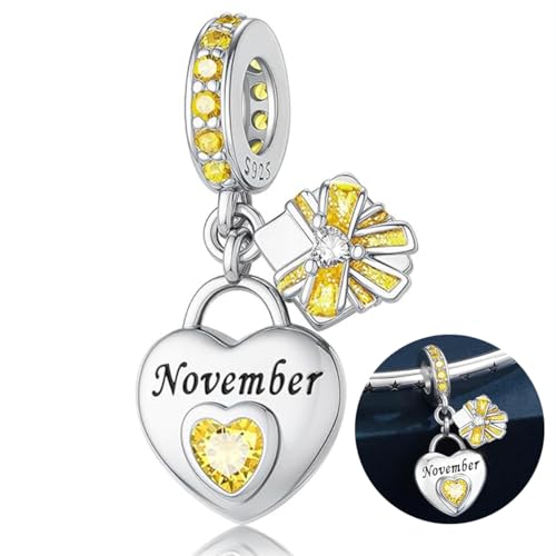 Love Heart Birthstone Dangle Charms Compatible with Pandora Bracelets | 925 Sterling Silver 5A Cubic Zirconia Mother's Day Christmas Birthday Birthstone Gifts Bead Charm Pendants Women Jewelry - color: November Dangle Birthstone Charms