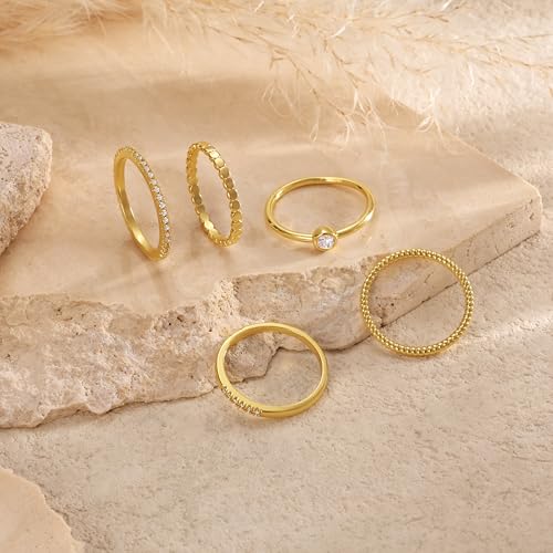 Stackable Gold Rings for Women Non Tarnish, Trendy Thin 14k Gold Plated Stacking Rings Set for Women Dainty Small Cubic Zirconia Thumb Engagement Rings Bands for Women Size 5 6 7 8 9 10