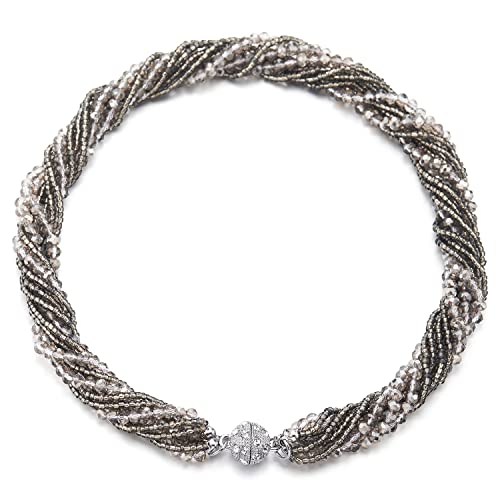 COOLSTEELANDBEYOND Multi-Layer Beads Crystal Braided Chain Choker Collar Magnetic Clasp,Statement Necklace, Bracelet - color: R-Necklace Grey Color