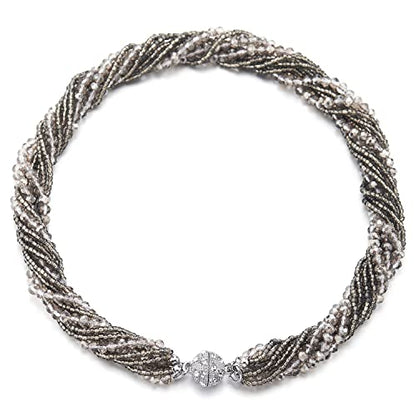 COOLSTEELANDBEYOND Multi-Layer Beads Crystal Braided Chain Choker Collar Magnetic Clasp,Statement Necklace, Bracelet - color: R-Necklace Grey Color