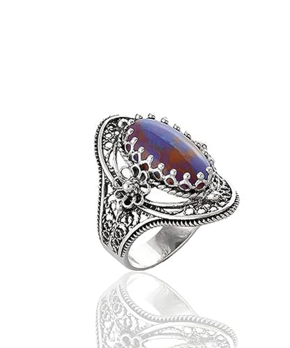 Filigranist 925 Sterling Silver Handcrafted Filigree Art Flower Pattern Woman Oval Statement Ring, Gift Boxed - color: Mojave Turquoise