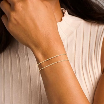 Turandoss Bracelets for Women Trendy | 14K Gold Plated, Dainty CZ Satellite Beads Heart Bracelet Stackable Link Chain Butterfly Bracelet Set Jewelry Gifts - color: Simple Beaded Link Bracelet
