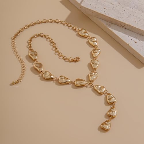 Gold Statement Lariat Necklace for Women Long Chunky Silver Y Shaped Necklace Big Baroque Shaped Drop Necklace Trendy Statement Jewelry Gift - color: gold