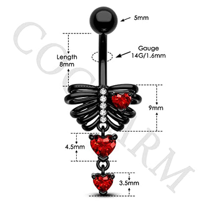 Black Skeleton Heart Belly Button Rings Dangle Halloween Navel Rings 14G Belly Piercing Jewelry Stainless Steel - color: Red