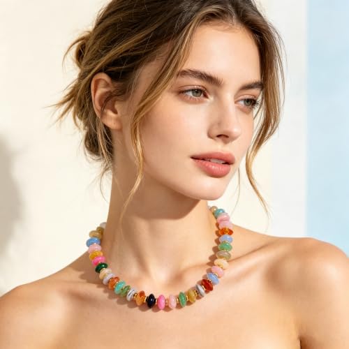 Acrylic Beaded Necklace for Women,Beach Strand Jewelry Gifts | Statement Necklace,Cute Trendy Handmade Jewelry for Women,Chunky Beaded Necklace,Resin Beads Choker - color: colorful