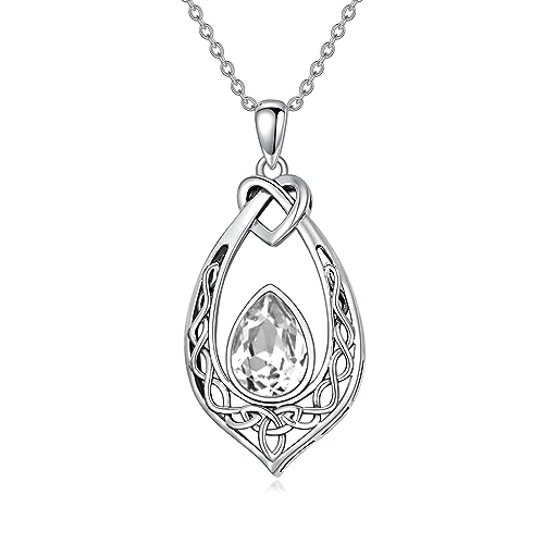 AOBOCO Celtic Knot Necklace 925 Sterling Silver Oxidized Vintage Love Knot Pendant Necklace with Simulated Birthstone Crystal, Birthday Christmas Jewellery Gifts for Women - color: Clear White