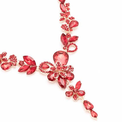 Rhinestone Crystal Bridal Necklace Floarl Art Deco Teardrop Collar Necklace Dangle Earrings Jewelry Set for Women - color: Red