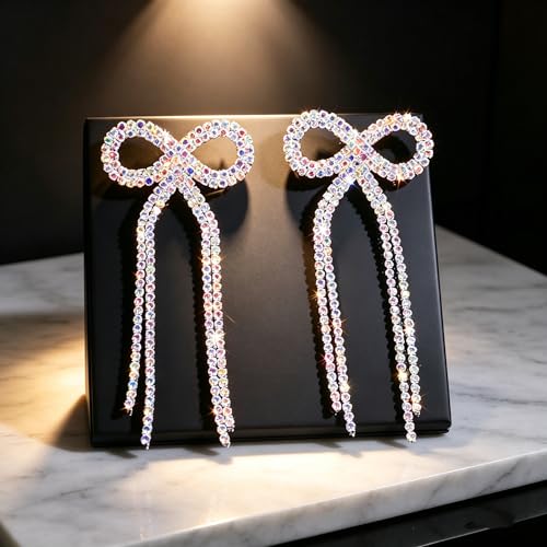Rhinestone Earrings Dangling for Women Sparkly Silver Dangle Earrings Girls Long Chandelier Earrings Tassel Lightweight Ear Studs Cubic Zirconia (KE001S-W) - color: Bow 516286S-WAB Silver Crystal AB