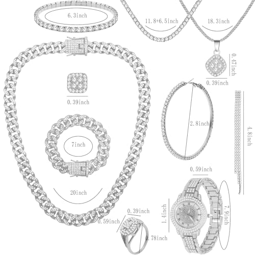 NEWITIN 13 Pieces Silver Jewelry Set for Women Stainless Steel Cuban Link Necklaces Bracelets Earrings Watch Ring Bling Cubic Zirconia Cuban Jewelry Set for Women Men - color: Silver Jewelry Set