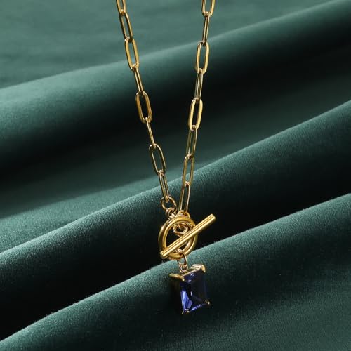 Diamond Necklaces for Women Natural Stone Paperclip Toggle Necklace 14K Gold Plated Emerald Birthstone Necklace for Women Paper Clip Chain Blue Green Cubic Zirconia Pendant Birthday Gifts for Women Mother Jewelry - color: 09. September(Sapphire)