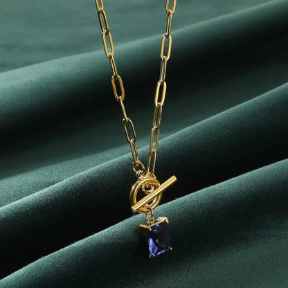 Diamond Necklaces for Women Natural Stone Paperclip Toggle Necklace 14K Gold Plated Emerald Birthstone Necklace for Women Paper Clip Chain Blue Green Cubic Zirconia Pendant Birthday Gifts for Women Mother Jewelry - color: 09. September(Sapphire)