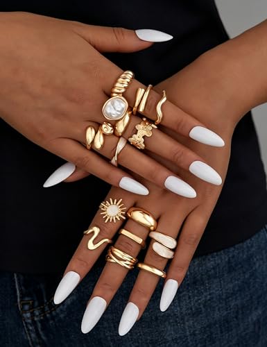 15 Pcs Chunky Gold Rings for Women Open Adjustable Pearl Rings Set | Stackable Statement Rings Pack,Shall Shell，Stacking Knuckles Rings Set, Trendy Stuff Jewelry Gift, Gold Baroque Pearl - color: Gold