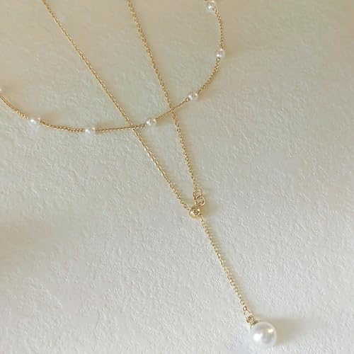 OGD Gold Pearl Necklace Set for Women 14K Plated Layered Daisy Choker Gift - color: 2PS-Lariat Pearl-Gold