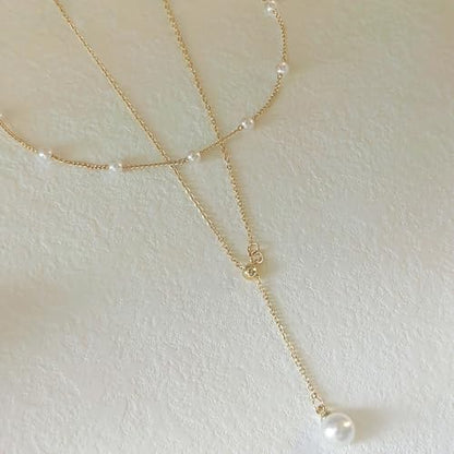 OGD Gold Pearl Necklace Set for Women 14K Plated Layered Daisy Choker Gift - color: 2PS-Lariat Pearl-Gold