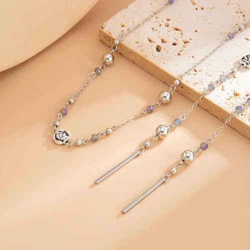 Long Layered Faux Pearl Beaded Chain Necklace for Women,Boho Y Body Chain Gold Drop Lariat Necklace Dainty Statement Fashion Jewelry Gifts - color: Silver1