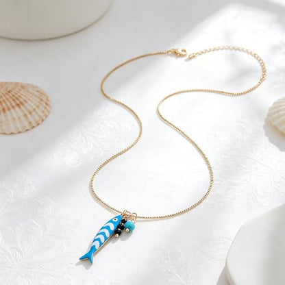 YUJIE Dainty Fish Pendant Necklace for Women 14k Gold Plated Ocean Fish Charm Necklace Summer - color: blue fish