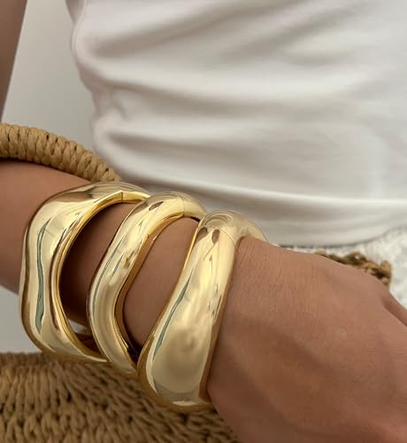 Chunky Gold Bangle Bracelets for Women, 14k Gold Plated Dainty Cuff Stackable Bangles Set, Trendy Bracelet Stack Fashion Jewelry Gifts - color: 01-GOLD-01