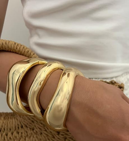 Chunky Gold Bangle Bracelets for Women, 14k Gold Plated Dainty Cuff Stackable Bangles Set, Trendy Bracelet Stack Fashion Jewelry Gifts - color: 01-GOLD-01